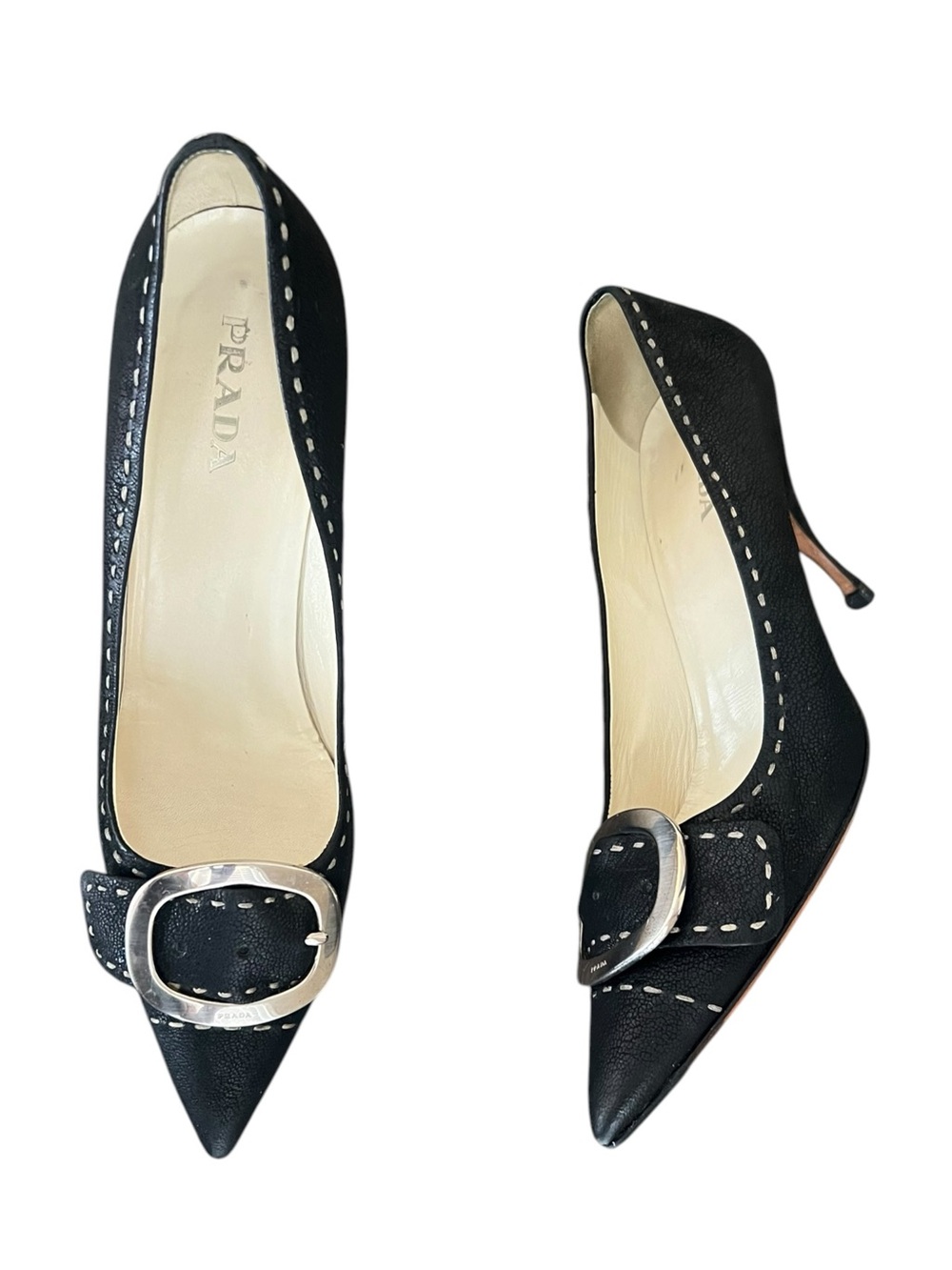 Prada Women’s Vintage Y2K Silver Buckle Black Leather Point Toe Heels Size 40